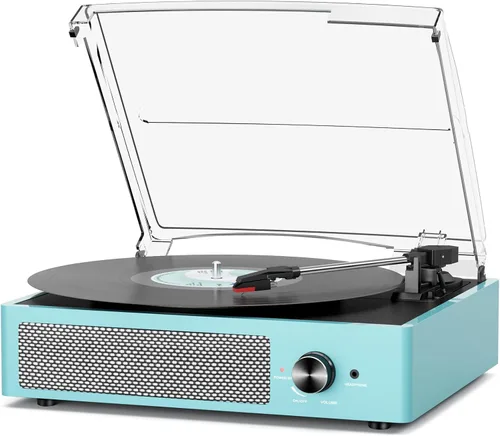 Miniatura 26 de Tocadiscos de vinilo con receptor Bluetooth integrado y 2 altavoces estéreo, 3 velocidades y 3 tamaños, tocadiscos retro portátil para Naranja