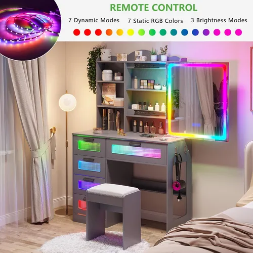 Miniatura 7 de HNEBC Escritorio de tocador con espejo deslizante y luces LED, tocador RGB con estación de carga, tocador de maquillaje con control remoto, tocador