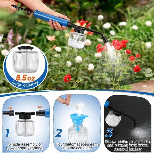 Miniatura 4 de Qualirey Paquete de 2 aplicadores de tierra de diatomeas, dispensador de polvo de jardín de 250ml, rociador de perilla aplicadora de polvo, Azul