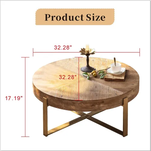 Miniatura 2 de Mesas de centro redondas de madera con patas de metal, mesa de centro circular de granja para sala de estar, mesas de café rústicas de madera