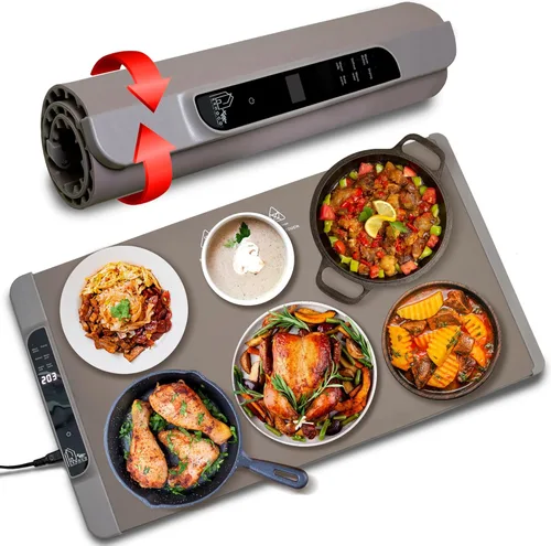 Tapete de calentamiento de alimentos – Bandeja eléctrica de silicona de calentamiento rápido con temperatura de 4 niveles, mesa de protección de