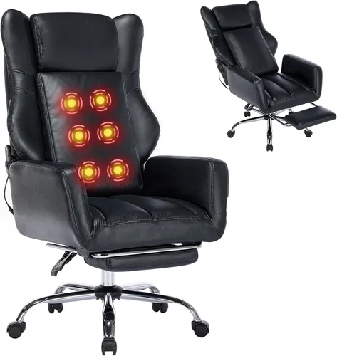 DYHOME Silla de oficina de cuero negro con masaje y reposapiés, sillas de escritorio de trabajo resistentes, sillas de escritorio ergonómicas para