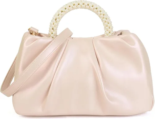 Valleycomfy Bolsos de mano de noche con perlas para mujer, de cuero suave, fruncidos, cruzados, bolsa de hombro para fiestaboda
