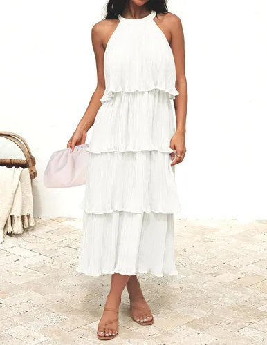 Miniatura 2 de ZESICA Vestido largo midi de gasa con capas escalonadas y cuello halter para mujer, 2024