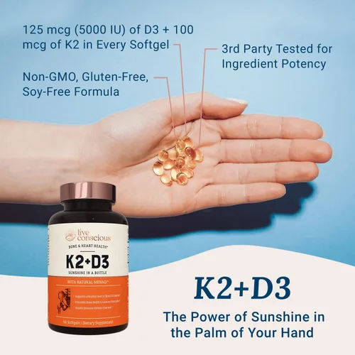 Miniatura 3 de Live Conscious Vitamina K2 MK7 con suplemento D3 Apoyo a la salud ósea y cardíaca - Vitamina K patentada y vitamina D3 5000 UI (paquete de 2)