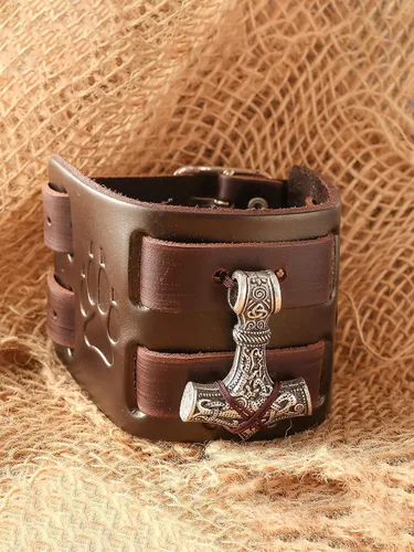 Miniatura 5 de HAQUIL Viking Bracelet for Men Viking Mjolnir Pendant Nordic Wide Leather Wristband Viking Jewelry Men