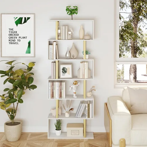 Miniatura 2 de Yusong Estantería Geométrica, Estantería en Forma de S de 6 Niveles para Dormitorio, Estante Decorativo de Exhibición de Madera Moderna, Estantería