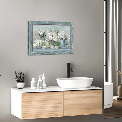 Miniatura 5 de Arte de pared enmarcado floral abstracto, pintura de flores blancas rústicas, ramo botánico en jarrón, impresiones de plantas, obras de arte