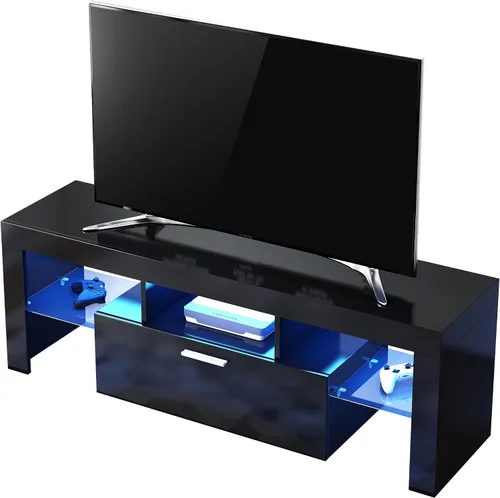 Moderno soporte de TV negro para TV de 32/40/50/55+ pulgadas, consola de TV centro de entretenimiento, soporte de mesa de TV LED con almacenamiento
