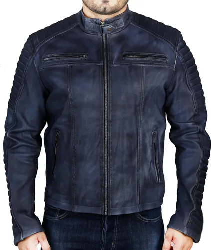 Chaqueta de piel superior para hombre, acolchada, estilo Cafe Racer, motociclista, retro, envejecido, estilo vintage
