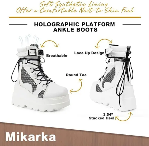 Miniatura 3 de mikarka Botas de plataforma holográfica para mujer con cordones hebilla con tachuelas góticas apiladas botas de combate