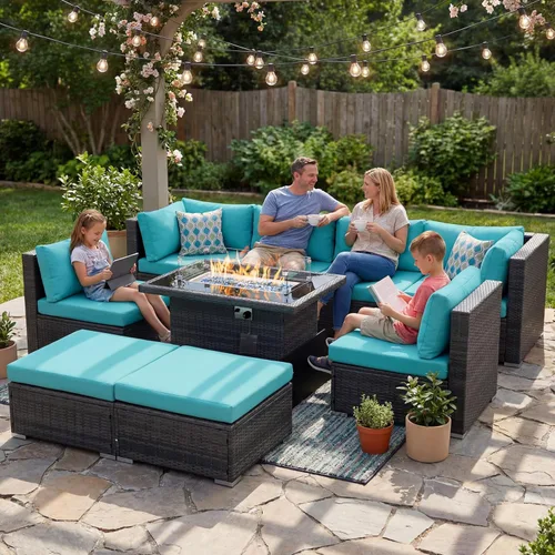 Miniatura 131 de NICESOUL Juego de muebles de patio para exteriores de 7 piezas con mesa para hoguera, gas natural y propano convertible, respaldo alto de 29.3