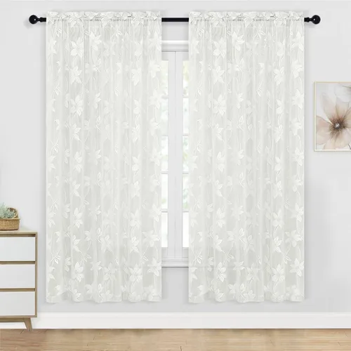 Miniatura 26 de DWCN Paquete de 2 cenefas de encaje floral para cocina, 52 x 18 pulgadas, con bolsillo para barra, cortina de gasa para ventana pequeña, cocina