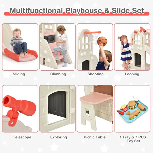 Miniatura 3 de Costzon Juego de casa de juegos y tobogán para niños, casa de juegos 7 en 1 al aire libre con puertas y ventanas de trabajo, mesa de picnic, juego