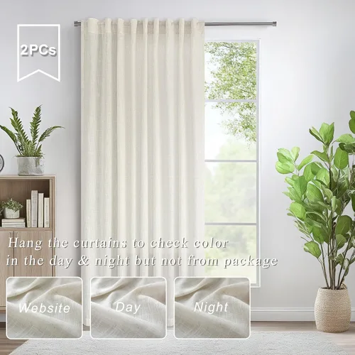 Miniatura 259 de Cortinas de lino gris claro, 2 paneles, presillas traseras, bolsillo para cortinero, semitraslúcidas, ahorran energía, estilo rústico, arpillera