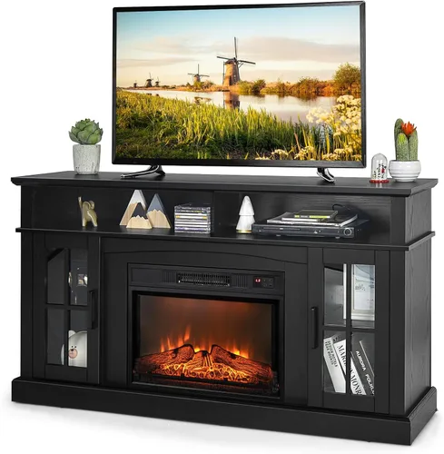 GOFLAME Soporte de TV de 58 pulgadas con inserto de chimenea eléctrica, centro de entretenimiento con chimenea con armarios laterales y estantes