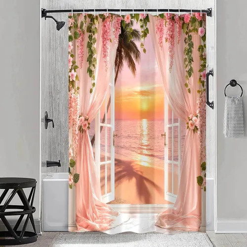 Farmhous - Cortina de ducha con diseño de playa y océano, diseño de paisaje marino con salida del sol, paisaje marino, náutico, playero, para baño,