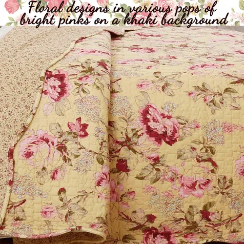 Miniatura 6 de Cozy Line Home Fashions Lelia Rosa Pink Floración Floral Vintage Amarillo Juego de Ropa de Cama Edredón Reversible 100% Algodón, Colcha Cubrecama