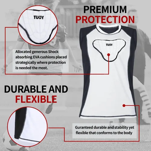 Miniatura 2 de TUOY Camisas de compresión acolchadas para jóvenes, protector de costillas en el pecho para fútbol, paintball, béisbol