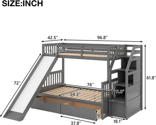 Miniatura 2 de DNYN Cama alta de tamaño matrimonial con escritorio, estantes y escalera para niños y adultos, marco de cama de madera maciza, cama alta