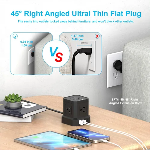 Miniatura 4 de TOPREK Regleta de alimentación con USB, USB C (3.0 A) con 5 tomas, 2 USB-C y 2 USB-A, cable de extensión plano de 5 pies con enchufe plano Negro-5FT