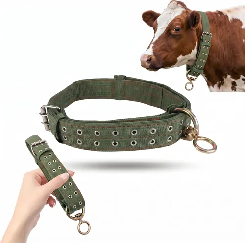 DOITOOL Collar de lona para cuello de vaca, correa ajustable de nailon grueso de tracción para ganado con 2 filas de hebilla de metal para granja,