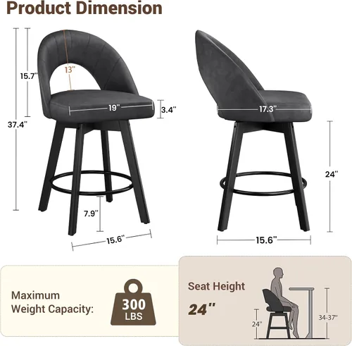 Miniatura 2 de YaFiti Taburetes de bar de altura de mostrador de 24 pulgadas, taburetes de bar giratorios ergonómicos con respaldo curvado con asiento de piel