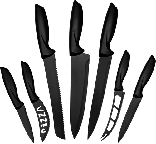 LDC - Juego de cuchillos negros de cocina, acero inoxidable, aptos para lavavajillas, juego de cuchillos ergonómicos con asas antideslizantes,