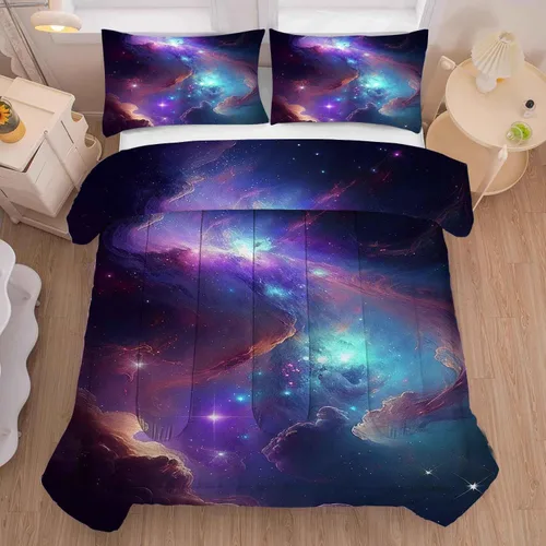 Miniatura 9 de Juego de edredón de galaxia azul, tamaño individual, ropa de cama espacial para niños, niñas, adolescentes, decoración de dormitorio, luna, nube