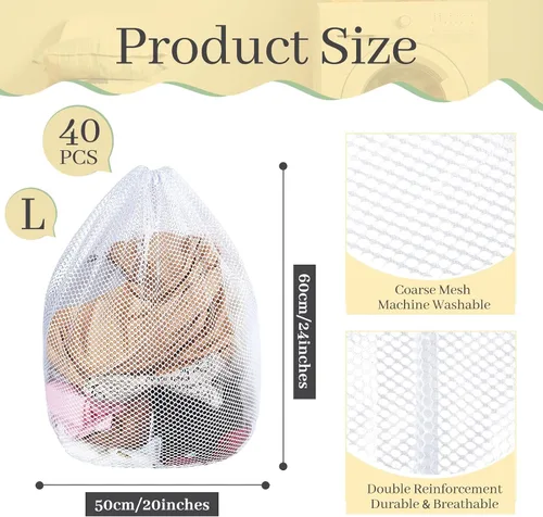 Miniatura 2 de 40 bolsas de malla para lavandería a granel con cordón de 20 x 24 pulgadas, bolsa de malla blanca resistente lavable a máquina, resistente bolsa