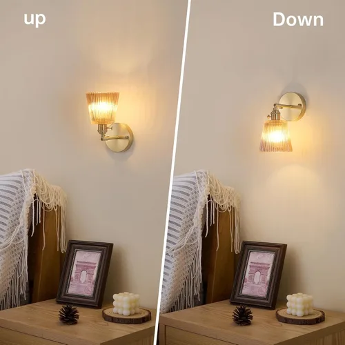 Miniatura 7 de Shenmoyl Juego de 2 apliques de pared vintage con pantalla de vidrio a rayas ámbar, apliques de latón ajustables de 180 grados, con cable de Raya