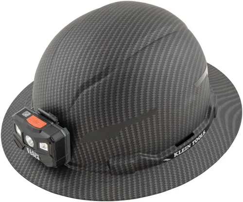 Klein Tools 60346 Casco de seguridad, ala completa sin ventilación, clase E, patrón KARBN premium, lámpara recargable, banda para el sudor acolchada