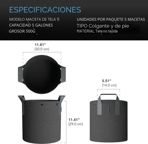 Miniatura 6 de AC Infinity - Macetas de tela resistente de 5 galones para cultivo de aireación, 5 unidades con tela no tejida gruesa de 11.29 oz (320 G) y anillos