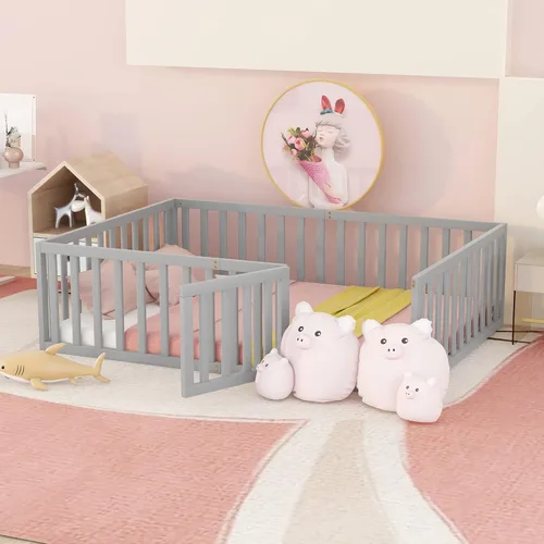 P PURLOVE Cama de piso de madera tamaño matrimonial, marco de cama con barandilla en forma de valla y puerta que se puede cerrar para niños y niñas,