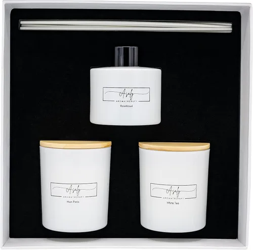 Miniatura 2 de ASALY - Juego de regalo de velas y difusor de varillas de lujo, 2 velas de cera de soja (30 horas de combustión) + 1 difusor de varillas Té