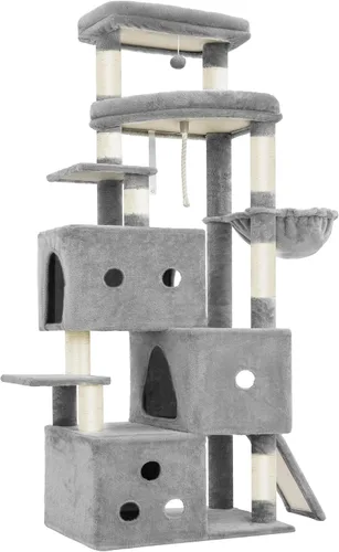 Miniatura 4 de Heybly Árbol para gatos, torre aerodinámica de 74 pulgadas para gatos grandes con condominios apilados de 3 niveles, muebles para gatos con percha