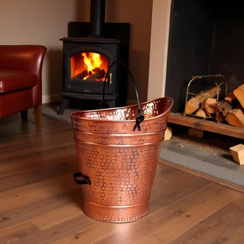 Miniatura 5 de Cubo grande de cobre para pellets de metal, carbón, chimenea, cenizas, con mango de hierro forjado, acabado antiguo, contenedor rústico duradero
