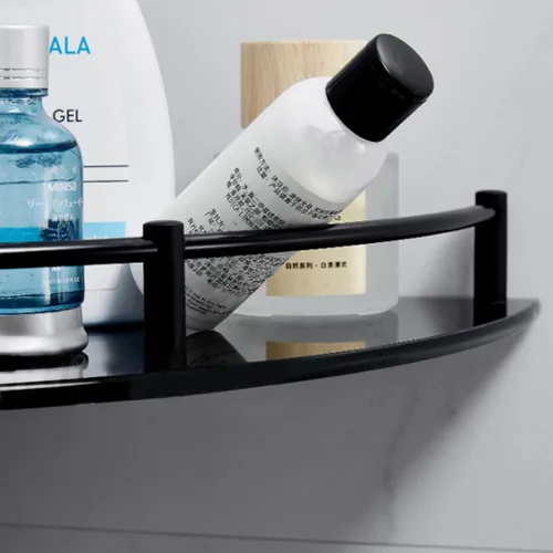 Miniatura 3 de Estante de baño de vidrio con riel inoxidable, estante de ducha esquinero de vidrio negro, organizador de ducha con agujero de taladro para montaje
