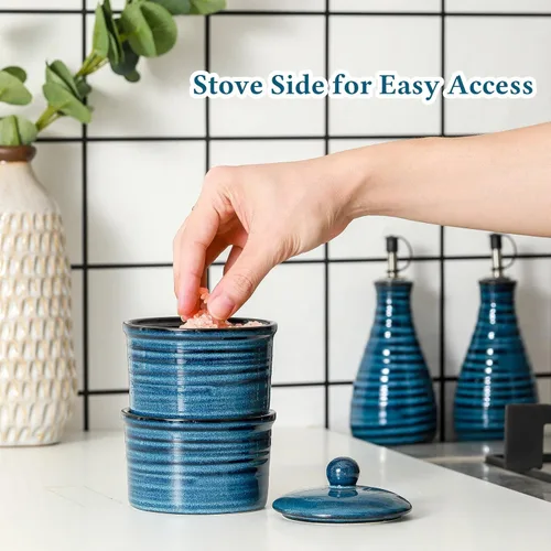 Miniatura 4 de Hasense Salero de cerámica con tapa, cuencos de sal y pimienta de 9 onzas, caja de sal apilable para encimera de cocina, decoración de cocina azul