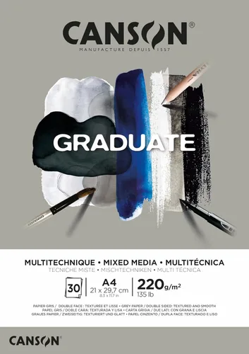 Miniatura 3 de CANSON Graduate Mixed Media - Papel A3 de 7.76 oz/m², doble cara: granulado y liso, lado corto pegado, 30 hojas grises, para estudiantes artistas
