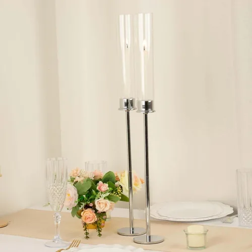 Miniatura 16 de Efavormart - Juego de 2 portavelas de cristal transparente de metal dorado de 16 pulgadas de alto, soportes para velas de huracán
