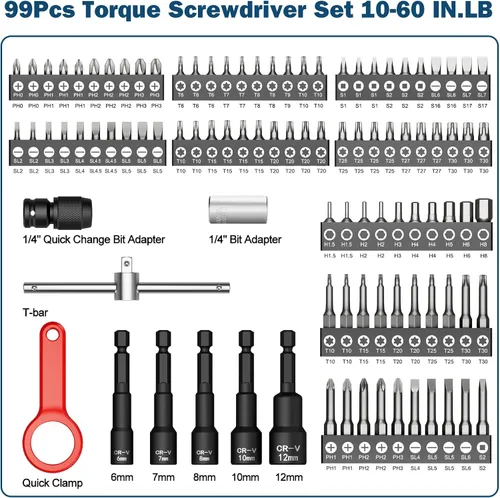 Miniatura 2 de VANPO Juego de Destornilladores de Torque 10-60 in.lb, 99 Piezas Destornillador de Torque de 1/4" con Mango de Barra en T, Puntas S2, Llave