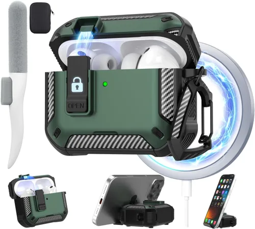 Maxjoy Funda para AirPods Pro 3 2025, MagSafe compatible con bloqueo automático, funda protectora a prueba de golpes con soporte para teléfono,