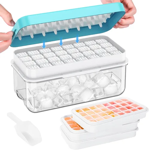 Miniatura 24 de Bandeja para cubitos de hielo con tapa y contenedor, 28 moldes para cubitos de hielo, bandejas de hielo para congelador, molde de bandeja