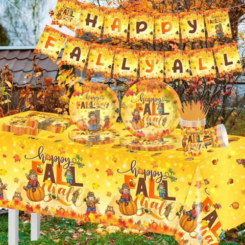 Miniatura 6 de Juego de 142 platos y servilletas de Acción de Gracias - Decoración de fiesta Happy Fall Y'all, vajilla desechable de espantapájaros, hojas de arce