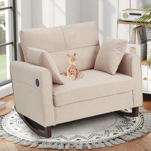 HOMREST Mecedora tapizada para guardería con respaldo alto y bolsillo lateral, puerto USB, sillas mecedoras dobles anchas con patas de madera para
