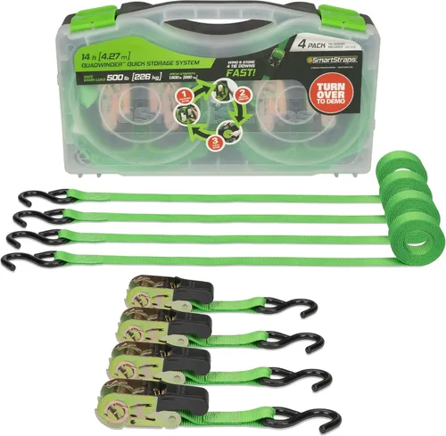 SMARTSTRAPS - 101 W QuadWinder 14 pies de amarre de trinquete acolchado, verde (4 unidades) - Estuche de almacenamiento patentado de carga