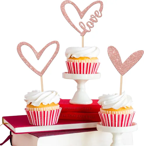 Miniatura 17 de Paquete de 24 adornos para cupcakes con purpurina en forma de corazón con temática de amor dulce, decoración de pasteles para el día de San