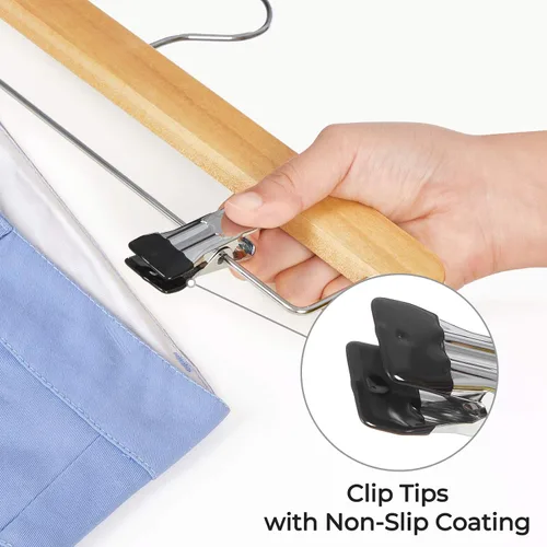 Miniatura 4 de SONGMICS Perchas de Madera para Pantalones, Paquete de 8 Perchas para Pantalones con Clips de Metal Ajustables Antioxidantes, Gancho Giratorio