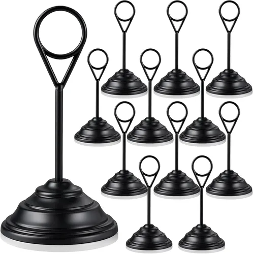 12 soportes de metal para números de mesa, soportes de mesa para fotos, menús, notas, Navidad, boda, restaurante, banquete, cumpleaños (negro)